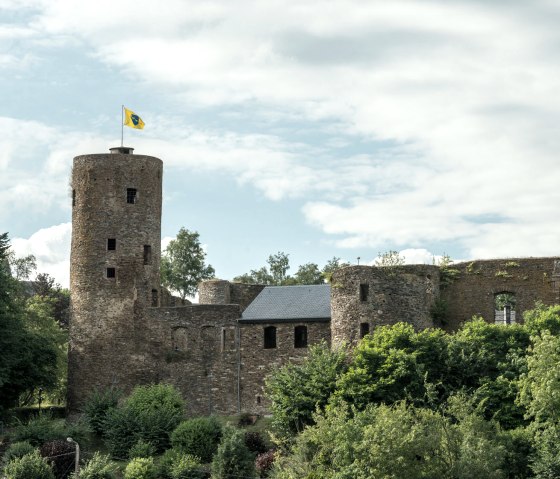 Burg Reuland mit einem runden Turm und einer gelben Flagge, umgeben von grünen Bäumen und bewölktem Himmel., © vennbahn.eu